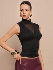 Leighera 优雅高领修身网纱拼接无袖女式背心 - 黑色 - 查看 6