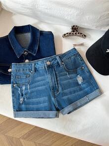 Elamini Low Waist Fashionable Distressed Rolled Hem Denim Shorts - Medium Wash - View 4