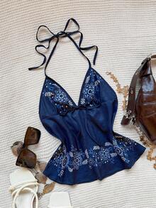 Sweetra Top sin espalda con cuello de halter estilo bohemio chic para mujer, diseño impreso distintivo, estilo de vacaciones de moda - Azul Marino - Ver 6