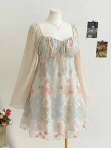 Soleia 大码女式刺绣长袖迷你连衣裙 - 杏色 - 查看 5