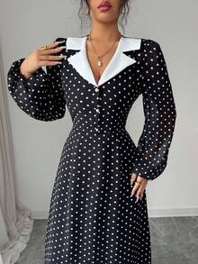 Modelyn 法式波点女式翻领连衣裙 - 黑色 - 查看 4