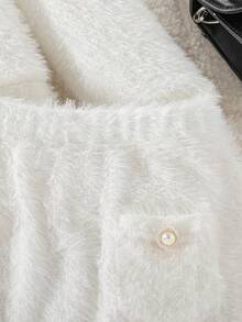 Elladie kids Young Girls Fashionable, Sweet And Cute Fluffy Long Sleeve Top Jacket With Pocket Decorated Skirt, Casual Minimalist White Jacket Set - White - View 3