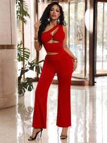 Lureya 女士时尚性感不对称镂空连体裤，优雅百搭，适合日常休闲、派对、春夏穿着 - 紅色 - 查看 1