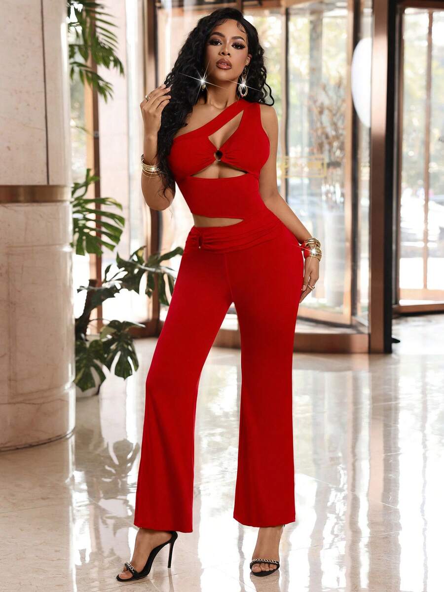 Lureya 女士时尚性感不对称镂空连体裤，优雅百搭，适合日常休闲、派对、春夏穿着 - 紅色 - 查看 1