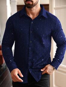 Manfinity Homme Plus Size Men's Long Sleeve Collared Button-Up Shirt Men Rhinestone Shirt Mens Sequin Shirt - Navy Blue - View 3