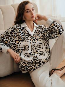 Anewsta 女士时尚优雅豹纹休闲百搭高品质舒适长袖套头卫衣，春季 - 卡其色 - 查看 3