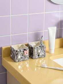 Joivida 1个可爱牙刷架，奶酪造型方形陶瓷收纳盒，台面化妆刷和剃须刀收纳架，多功能牙刷牙膏收纳架，浴室配件，家居装饰，家居家具 - 彩色 - 查看 6