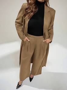 Auralis Plus Size Casual Commuter Jacket And Pants Suit - Camel - View 7