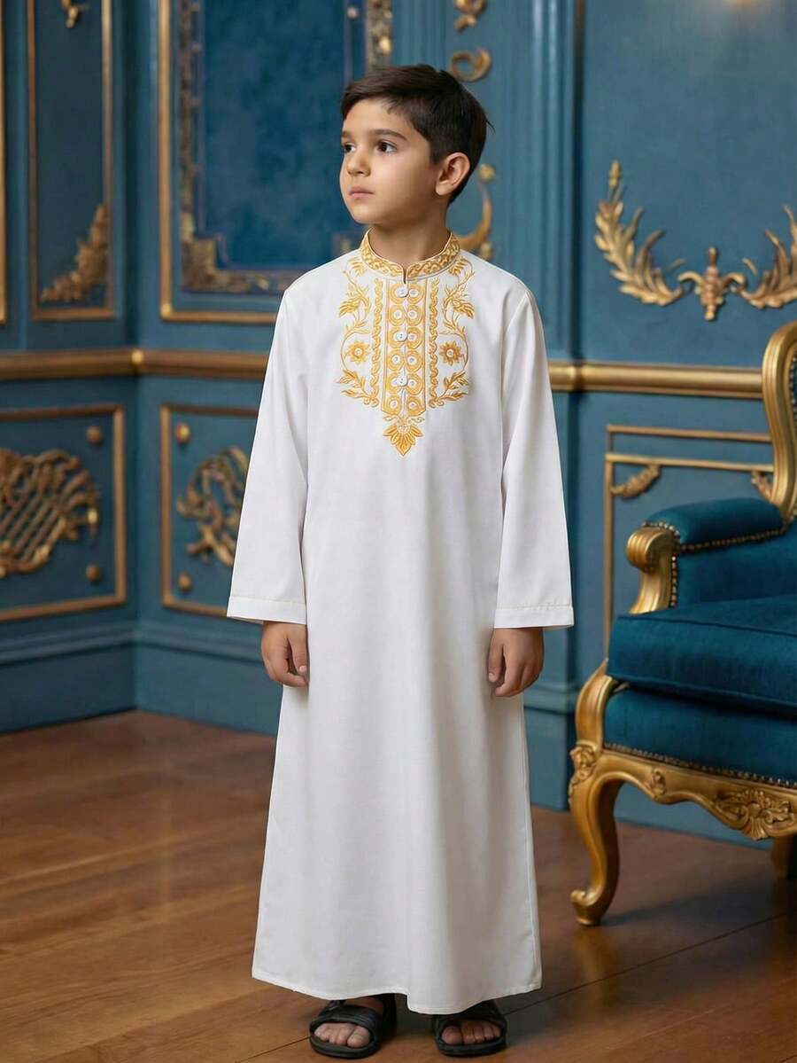 Vacaura 中东风格男童长袍，饰有花卉滚边，半开领长衬衫，适合日常和节日穿着。 - 白色 - 查看 1