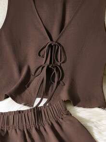 Airaco 大码夏季休闲纯色系带背心短裤两件套 - 咖啡棕 - 查看 4