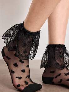 ROMWE Women Mid-Calf Socks With Bow Decor & Glittering Details - Black A4 - View 5