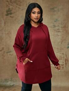 Truni Plus Size Casual Solid Color Drawstring Hooded Sweatshirt, Autumn New Years Women Birthday Women Fall Sweatshirt Winter, For Pear & Triangle Body Shape - Burgundy - View 6
