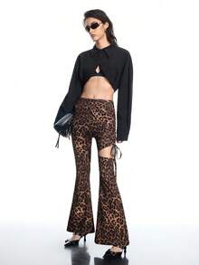 Airlisse Women's Leopard Print Side Ruched Flared Hem Leggings, Suitable For Spring And Autumn - Brown - View 7