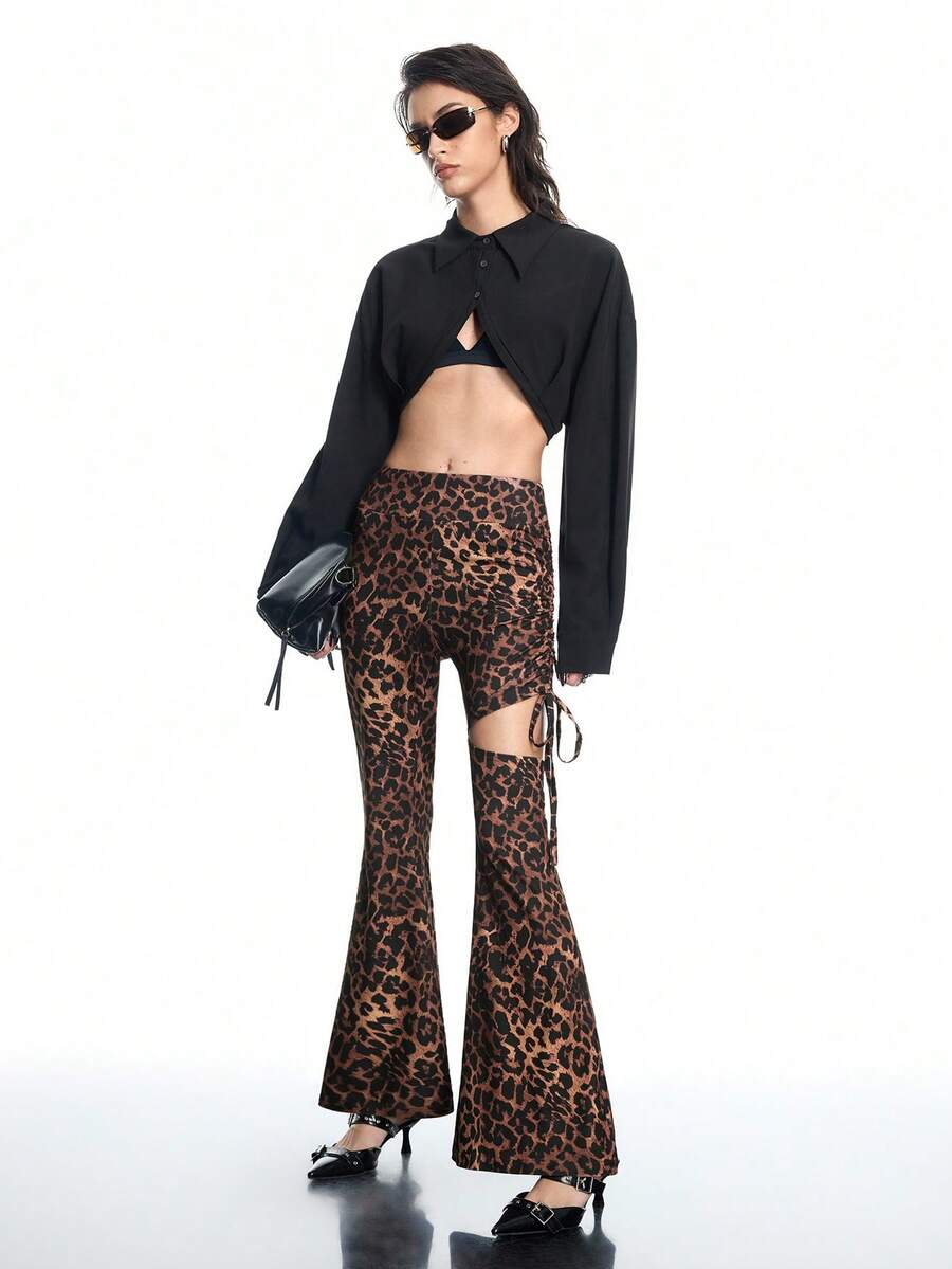 Airlisse 女士豹纹侧褶皱喇叭裤脚打底裤，适合春秋季穿着 - 棕色 - 查看 1