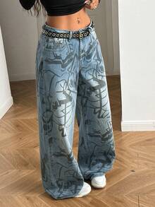 StreetHx Street Style Full Graffiti Print Wide Leg Jeans - Light Wash - View 5