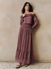 Anewsta Women's Elegant Off-Shoulder Metallic Pleated Minimalist Dress, Suitable For Dates, Spring/Summer - Dusty Purple - View 5