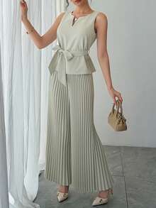 DAZY 女士优雅纯色系带吊带背心和阔腿裤两件套，夏季婚礼宾客礼服 - 綠色 - 查看 3