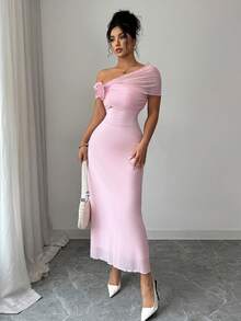 Modelyn Đầm nữ thanh lịch, tối giản, màu hồng lưới, trễ vai, họa tiết hoa, thích hợp cho các buổi hẹn hò và ngày lễ. - Hồng - Xem 5