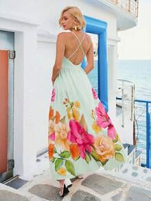 Vivid Eden Đầm hở lưng in hoa dành cho nữ, có dây buộc eo, thích hợp cho kỳ nghỉ hè. - màu xanh lá - Xem 6