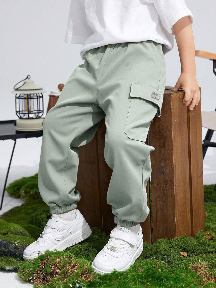 SHEIN Tween Boys' Casual Sports Graphic Print Pockets Loose Fit Drawstring Cargo Pants, Suitable For Commuting, School, Daily Casual, Travel, Sports, Spring/Summer/Autumn/Winter - Mint Green - View 1