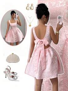 Rafferiza 女士方领A字提花迷你连衣裙，粉色 - 彩色 - 查看 5