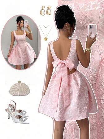 Rafferiza Women's Square Neck A-Line Jacquard Mini Dress, Pink