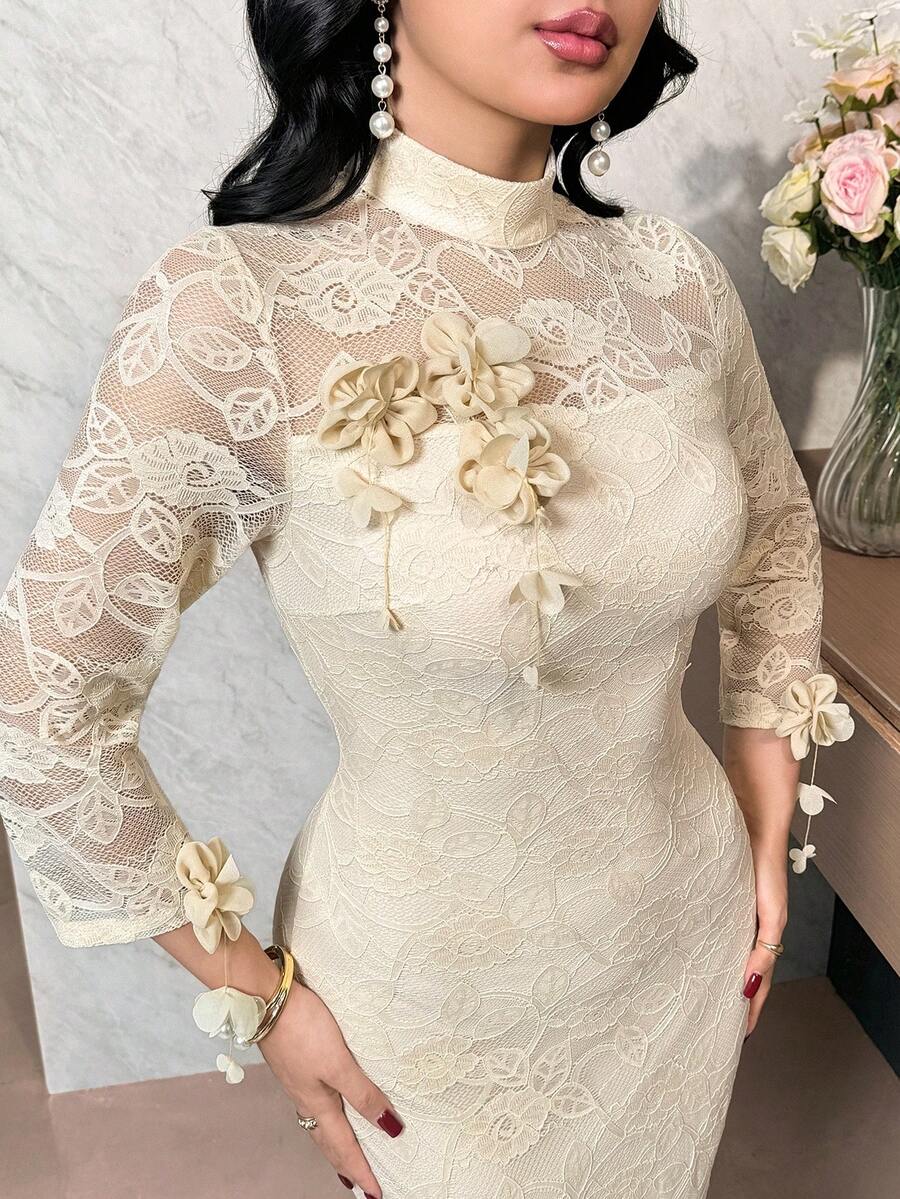 Feyla Vestido ajustado de longitud media con decoración de flores 3D de encaje de unicolor elegante para mujer - Amarillo - Ver 1