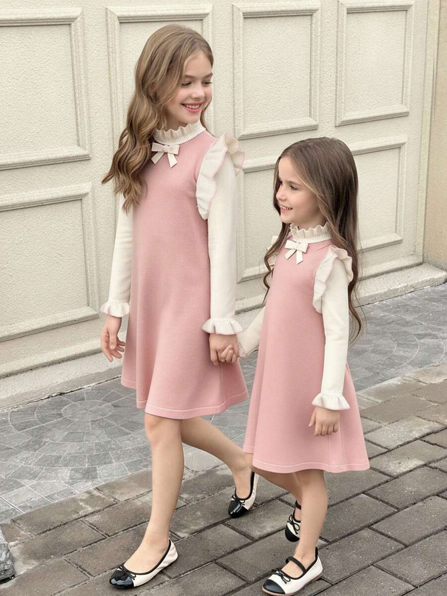 SHEIN 少女杏色和粉色提花蝴蝶结露肩长袖毛衣连衣裙，适合返校节、优雅场合、正式场合、秋季穿着，适合秋冬季节。 - 粉色 - 查看 1