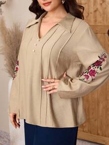 Modelyn Plus Size Women Floral Embroidery Long Sleeve Casual Shirt Modest Blouse - Khaki - View 6