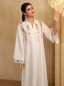 Al Najma Colorful Beaded Floral Trim & Fringed Decor Long Sleeve White Blouse - White - View 3