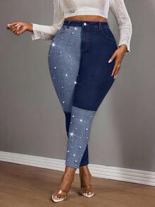 Slaydiva سراويل جينز نسائية سكيني مخصصة بتصميم فني مبتكر مزينة باللؤلؤ، لون أسود، مقاسات كبيرة، مناسبة للنساء في موسم الخريف وحفلات الرعاة - أزرق داكن - مشاهدة 4