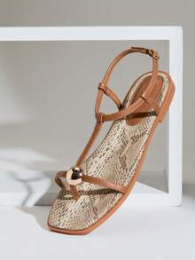 SHUZIA Women's Minimalist Comfortable Gold Metal Decor Ankle Strap Thong Flat Sandals Valentine's Day Summer Shoes - Maroon - View 7