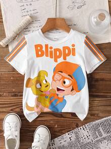 Blippi X SHEIN 男童夏季休闲字母卡通图案撞色条纹侧边圆领短袖T恤 - 白色 - 查看 1