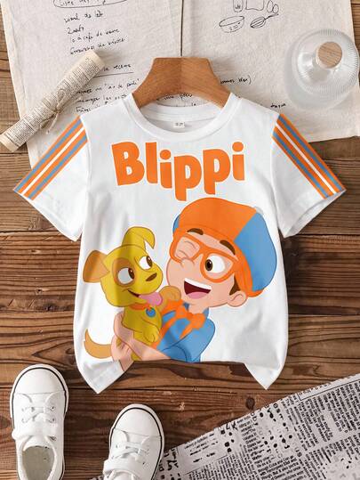 Blippi X SHEIN Áo thun tay ngắn cổ tròn, họa tiết chữ và hoạt hình, phối sọc tương phản, dành cho bé trai, mùa hè.