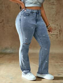 Truni Plus Size Casual Washed Distressed Rhinestone Embellished Jeans, For Pear & Triangle Body Shape - Blue - View 7