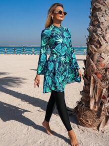 Swim Mulvari Women's New Long Sleeve Tropical Leaf Print Twist Side Dress And Solid Color Pants Swimsuit Burkini Set, Suitable For Vacation - Blue - View 6