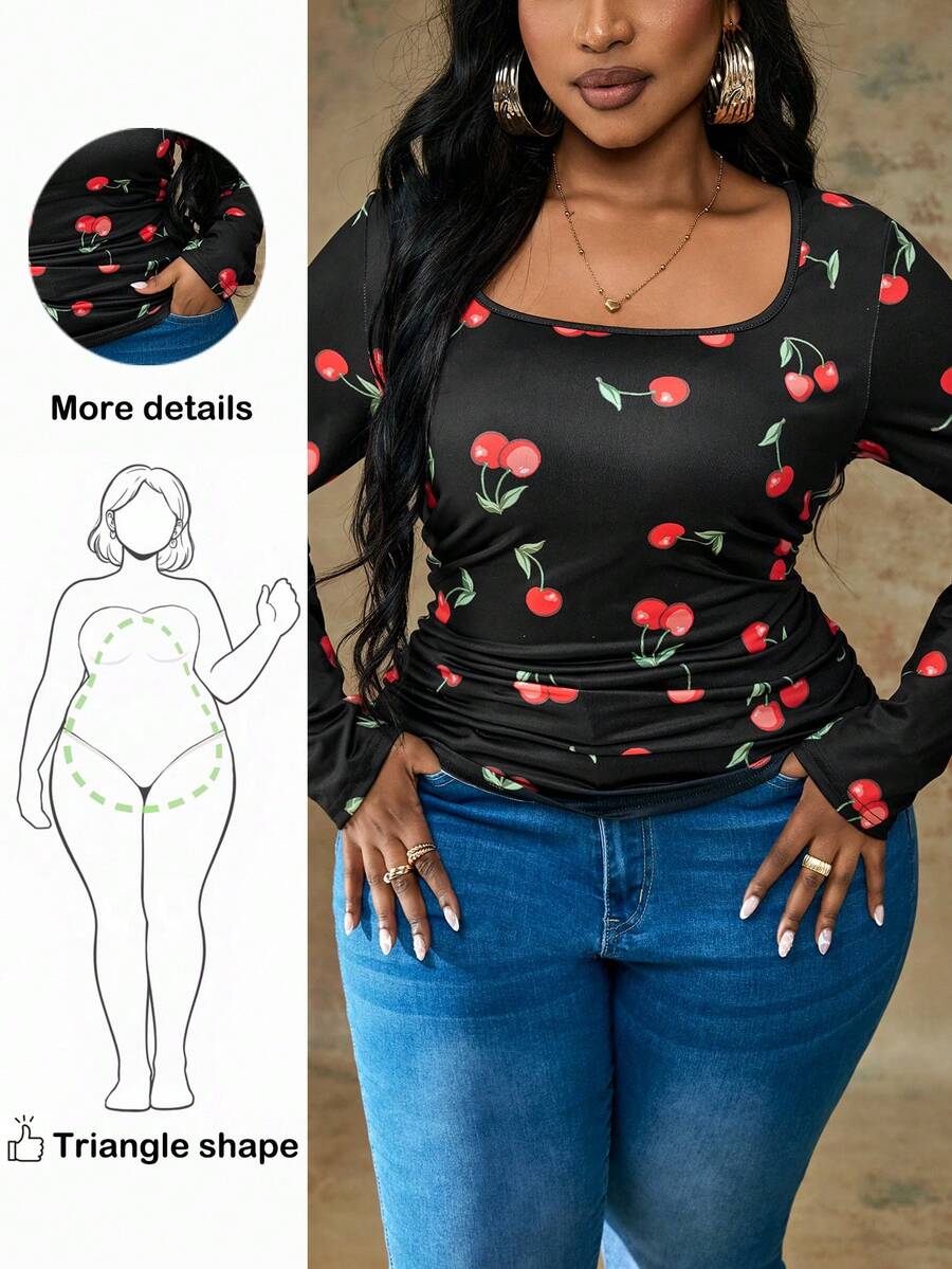 Truni Plus Size Casual Simple Cherry Print Square Neck T-Shirt Autumn And Winter, For Pear & Triangle Body Shape - Multicolor - View 1