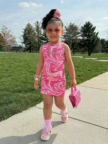 少女休闲运动风针织圆领爱心印花无袖连衣裙，春夏款