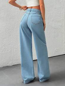 EURMUSE Jeans de tiro alto y pierna ancha para mujer - Denim azul clásico, ajuste recto minimalista, estilo casual de uso diario - Azul lavado medio - Ver 2
