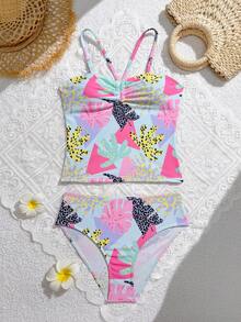 SHEIN 1件套女童彩色印花弹力速干舒适针织泳衣套装，适合海滩、泳池、海边、冲浪、度假、夏季、旅行、假日沙滩装套装；2件套少女印花泳衣，适合7-9岁女孩；比基尼套装；少女泳衣两件套；2件套泳装；女童修身泳衣；沙滩两件套；少女两件套泳衣；两件套女童泳装；两件套夏威夷泳衣；少女两件套泳装 - 彩色 - 查看 2