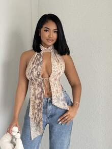 Alexandranx 高领系带动物纹上衣，适合夜店、户外、夜店等场合，性感复古风，夏季度假伊比沙岛海滩装，波西米亚风夏季性感优雅伊比沙岛户外上衣，适合夜店、秋冬季等场合。 - 卡其色 - 查看 5