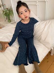 DAZY Young Girl Ditsy Floral Round Neck Long Sleeve Top And Pants Pajama Set - Navy Blue - View 5