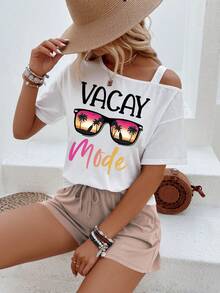 SHEIN LUNE Bộ đồ nữ thường ngày kiểu dáng bất đối xứng, gồm áo và quần short in chữ và kính râm, thích hợp cho mùa hè. - Nhiều màu - Xem 4