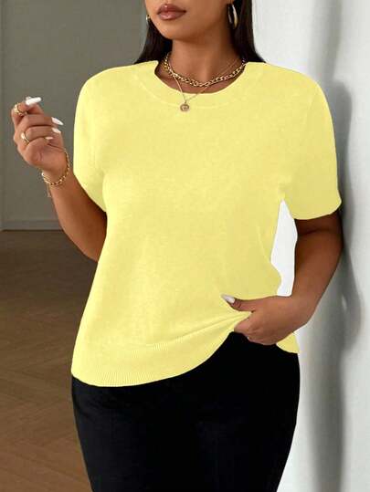 SHEIN LUNE Plus Size Women Knit Short Sleeve Crew Neck Loose Fit Sweater Solid Color Tops Yellow Summer Tops Round Neck Top Yellow Shirt Women Yellow T Shirt Women's Yellow Top Yellow T-Shirt Round Neck T-Shirt Short Sleeve Top