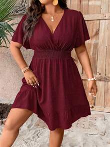 EMERY ROSE Plus Size Casual Burgundy V Neck Wrap A Line Dress With Flounce Sleeves And Hem Knee Length Perfect For Summer Vacations - Burgundy - View 1