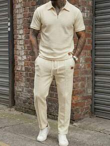 HIMLAND Men's Printed Short Sleeve Polo Shirt And Drawstring Waist Pocket Wide Leg Pants Casual Outfit - Apricot - View 1