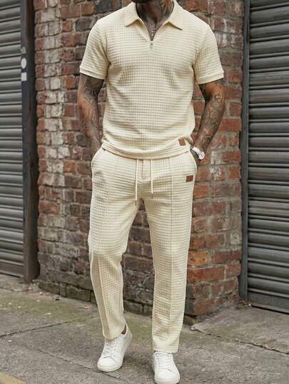 HIMLAND Conjunto informal de camisa polo de manga corta con estampado y pantalones de pierna ancha con cordón y bolsillo para hombre