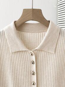 SHEIN Franclia New Summer Casual Loose Versatile Simple Daily Casual High-End Design Gentle Polo Shirt, Commuting Workplace Metal Button Office High-End Personalized Conservative Slim Fit Lady Neutral Minimalist Cardigan For Women Ribbed Shirt Preppy Tops Button Up Top Cream Blouse Tops Cute - Apricot - View 6