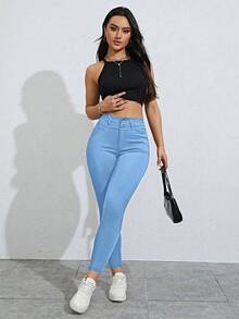 Rivivi Quần nữ dáng ôm màu trơn thường ngày - Màu xanh lam - Xem 4