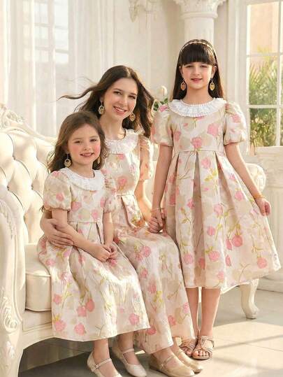SHEIN 1pc Young Girls' Jacquard Weave Princess Dress, & Elegant Long Dress For Birthday Party, Wedding, Holiday Performance, Versatile